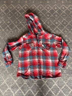 Plaid Hooded Button-Down Shirt Jacket - Red & Blue with Pearl Snaps